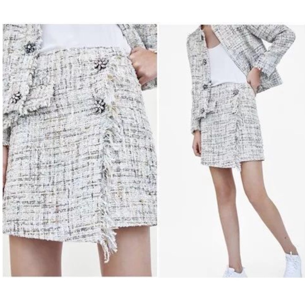 Zara Tweed Boucle Wrap Mini Skirt w Fringe and Rhinestone Jewel Flower Detail